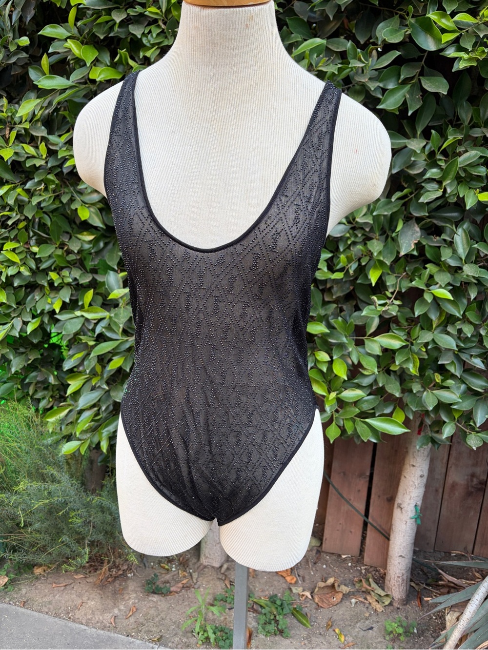 YSL Saint Laurent Sheer Black Rhinestone Bodysuit